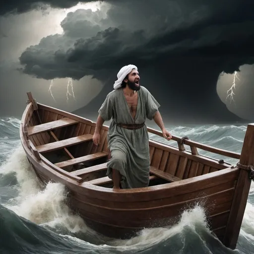 Prompt: Jonah ( a middle eastern man from bible times)  on a boat during a great storm. In the raging water a great fish can be seen coming up to swallow Jonah
