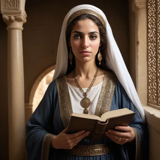 Prompt: Photograph style Realistic depiction  of Huldah ( a middle eastern woman from the bible) authenticating the Book of Law 




