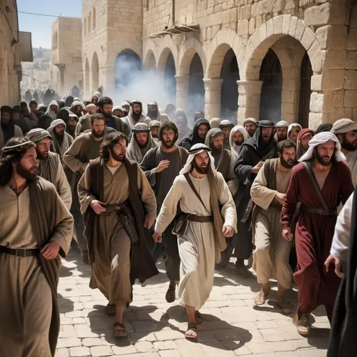 Prompt: Photograph style Realistic depiction   of the unrest in Jerusalem after the arrest of Jesus
(all figures should be middle eastern man and from bible times)
























