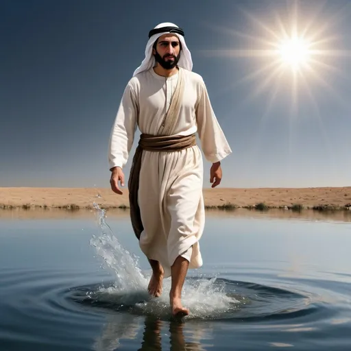 Prompt: Photograph style Realistic depiction  of Peter ( a middle eastern man from the bible)overcoming his fear to trust God by walking on water


