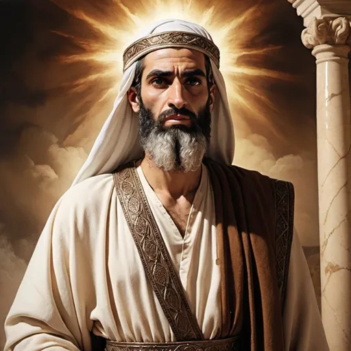 Prompt: Photograph style Realistic depiction  of Elijah ( a middle eastern man from the bible)challenged the 450 prophets of Baal in a test of faith at Mount Carmel 



