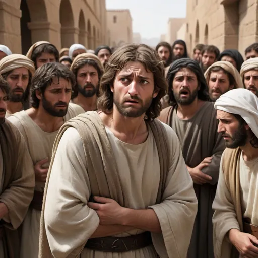 Prompt: Photograph style Realistic depiction   of Peter looking ashamed after he denied Christ 3 times, he should be depicted as fleeing from a crowd 
(all figures should be middle eastern man and from bible times)























