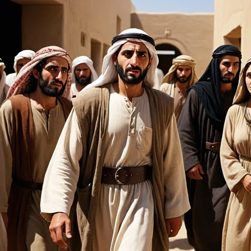 Prompt: Photograph style Realistic depiction  of Job( a middle eastern man around age 30 from the bible) being shunned by friends and his wife








