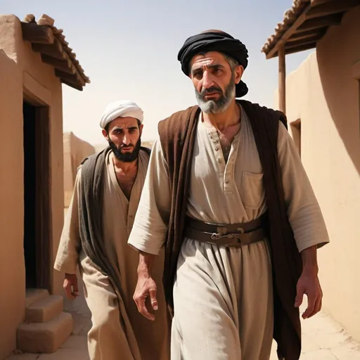 Prompt: Photograph style Realistic depiction  of the prodigal son ( a middle eastern man  from the bible) returning home to his aged father







