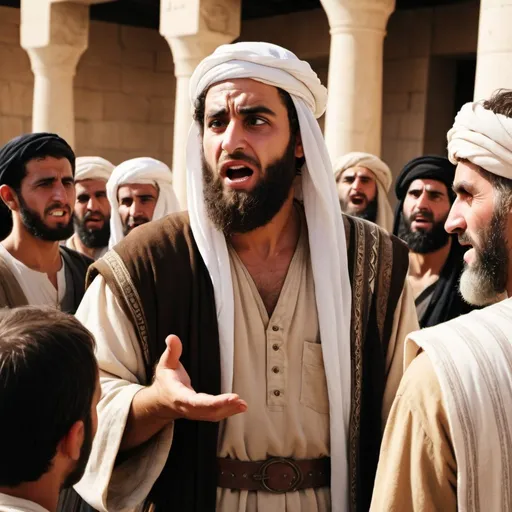 Prompt: Photograph style Realistic depiction  of Jonah ( a middle eastern man from the bible) preaching to the people of Nineveh


