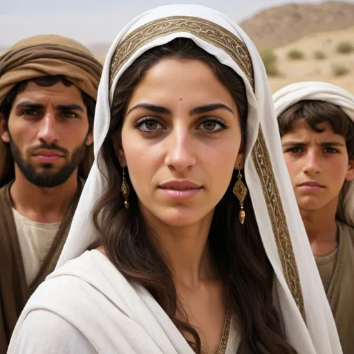 Prompt: Photograph style Realistic depiction  of Leah ( a middle eastern woman from the bible) blessed her with six sons



