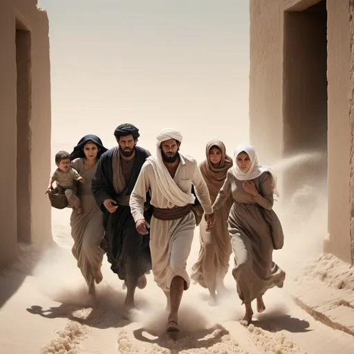 Prompt: Photograph style Realistic depiction  of Lot and his family fleeing to safety, however his wife looked back and is turned into a pillar of salt.  (all figures should be middle eastern man and from bible times)























