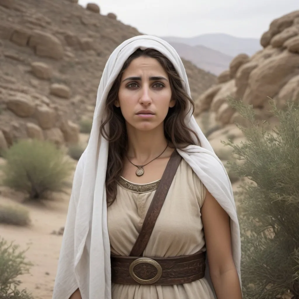 Prompt: Photograph style Realistic depiction  of Hagar ( a middle eastern woman from the bible) cast out and alone in the wilderness, was visited by God 



