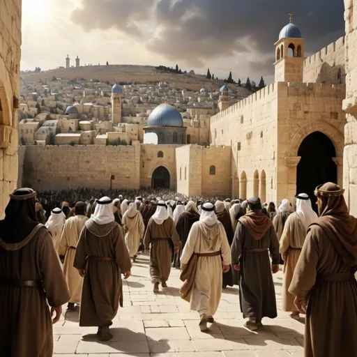 Prompt: Photograph style Realistic depiction   of  Jerusalem in bible times
(all figures should be middle eastern man and from bible times)























