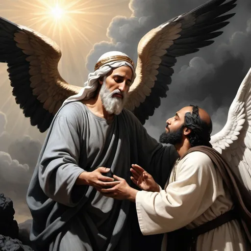 Prompt: Photograph style Realistic depiction  of Isaiah being touched  wit a piece of coal by a seraphim (all figures should be middle eastern man and from bible times)























