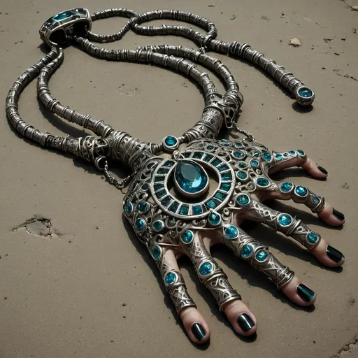 Prompt: A large necklace with bejewled ringed fingers and thumbs hanging from it, lying on the ground