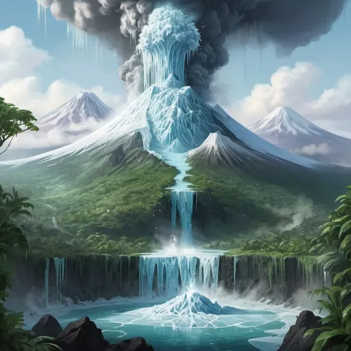 Prompt: A volcano, frozen in ice n the midst of erupting, with verdant jungles growing from the rocks spewing from it and water pouring down around it