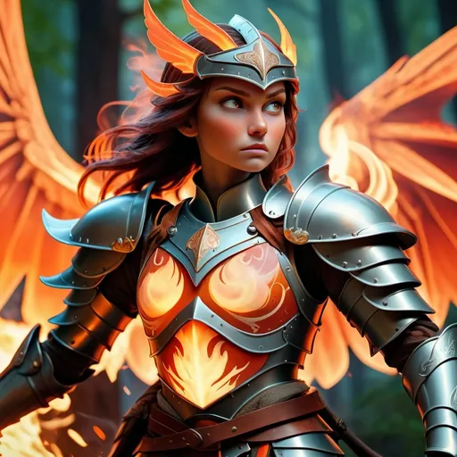 Prompt: (fantasy knight), (wings of fire), armored attire, dramatic pose, glowing flames, mythical atmosphere, dynamic action, intricate detailing on armor, vibrant orange and red hues, mystical backdrop, swirling smoke in the air, intense and powerful expression, high-quality rendering, cinematic lighting, ultra-detailed fantasy scene.