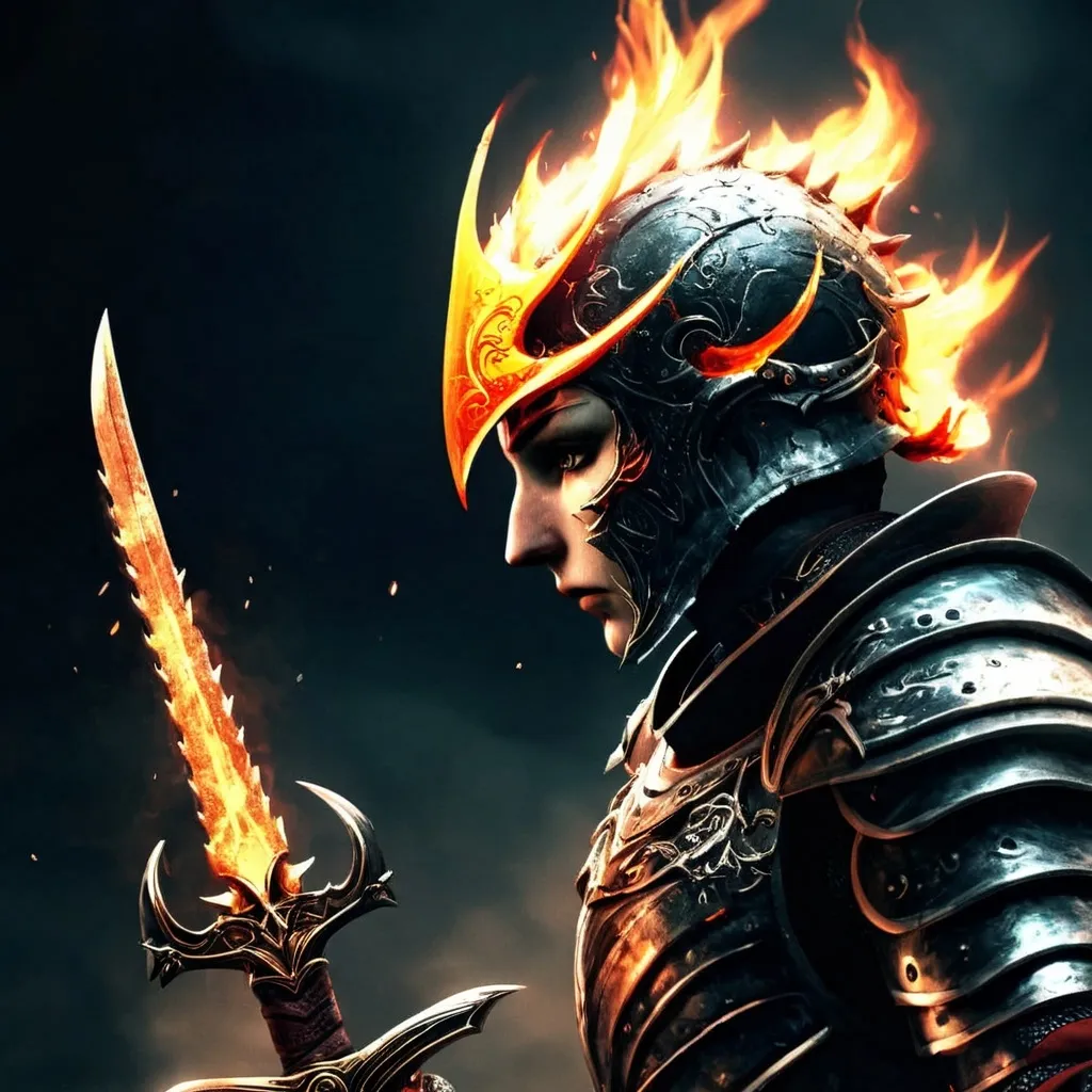 Prompt: Photo-realistic fantasy knight, 8k, with extremely intricate armor carrying a long sword engulfed in flame. Dark, Dramatic.