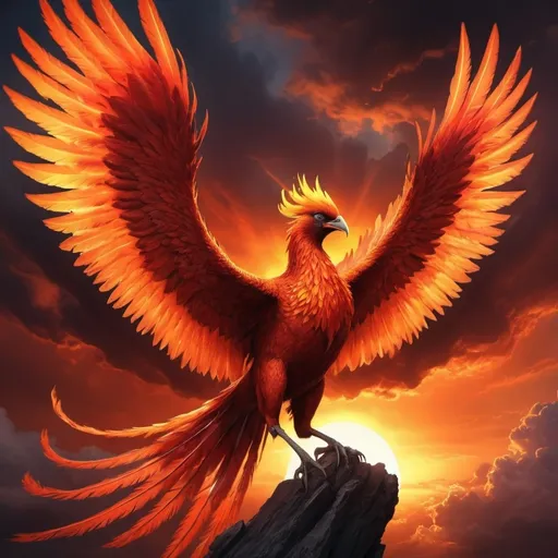 Prompt: A vibrant pheonix spreading its wings against a sunset set scene, flying just below the sun. The pheonix is not realistic but is merely an orange-red bird with a fiery plumage and tail feathers. Dark hellish clouds with forked red lightning arcing through the clouds. The entire scene must convey a sense of power and foreboding 