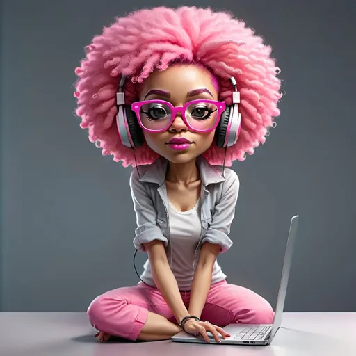 Prompt: Create a funky woman avatar with funky pink Afro hair, with big pink glasses on, with headphones on working on a laptop