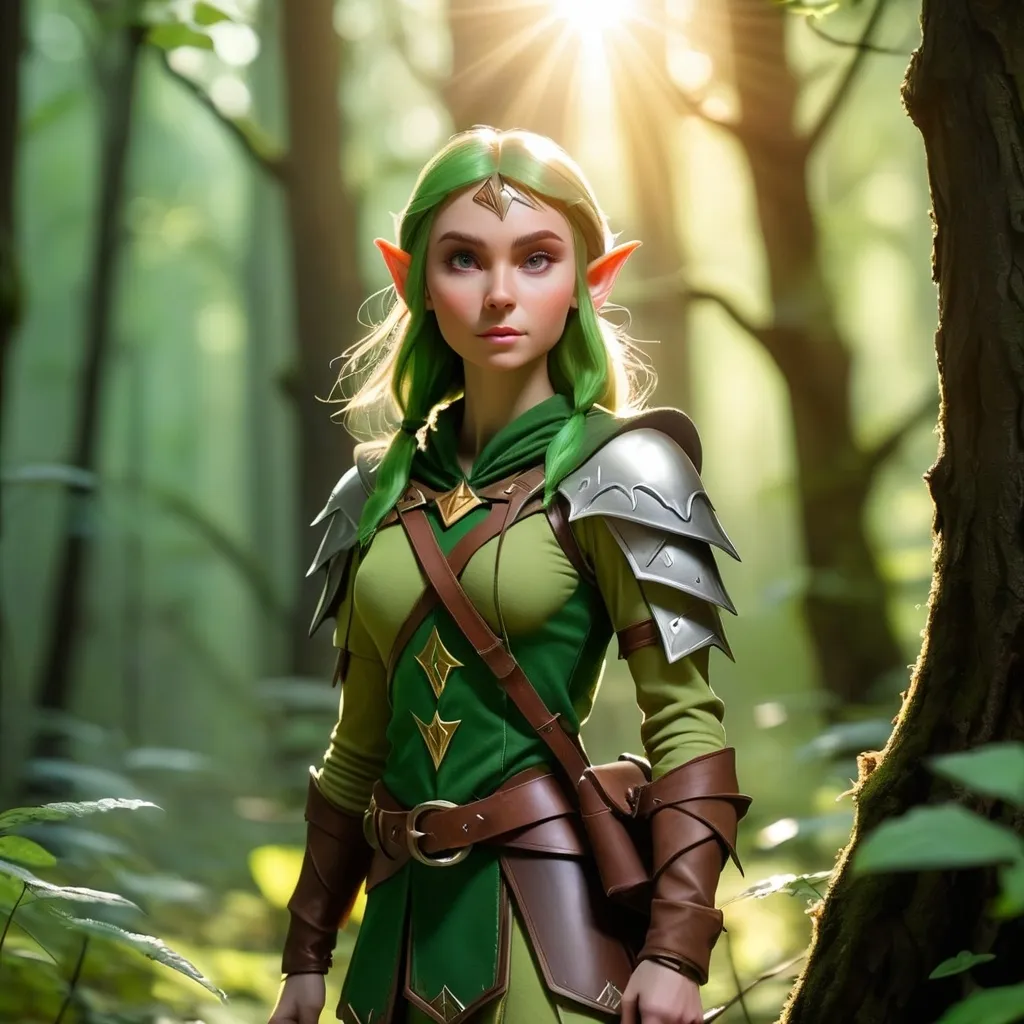 Prompt: Elf ranger in a mystical forest around sunlight