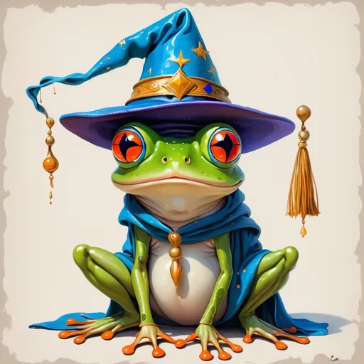 Prompt: Frog wearing a wizard hat, Picasso style,