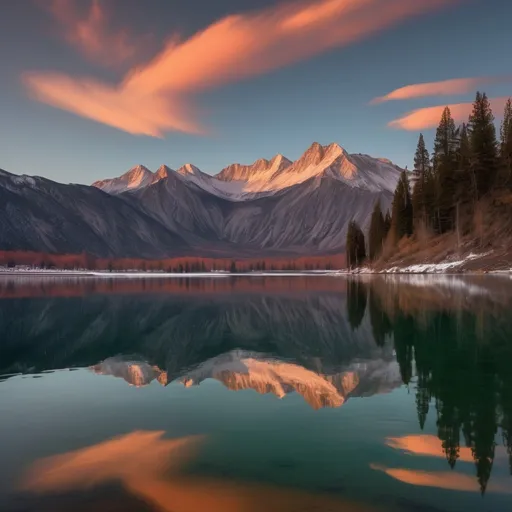 Prompt: Foreground: A tranquil lake with smooth, glass-like water, reflecting the vibrant colors of the sunset. The lake's surface is so still that it mirrors the sky and mountains perfectly.
Mountains: Majestic mountains stand tall in the background, their peaks slightly dusted with snow. The mountains should be rugged yet serene, with various shades of dark greens and browns.