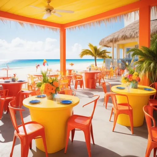 Prompt: Atmosphere: Emphasize the warmth of the sun with bright, cheerful colors and a lively, festive vibe, perhaps adding a beach bar in the background.