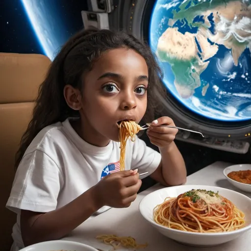 Prompt: Amine girl eating spaghetti while watching earth from space 