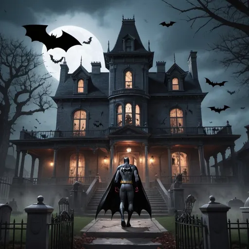 Prompt: Spider man and Batman entering a horror mansion. Bats are flying.there is graveyard in front of mansion.