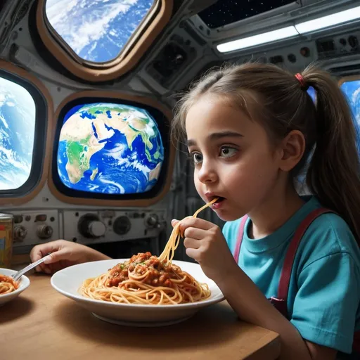 Prompt: Amine girl eating spaghetti while watching earth from space 