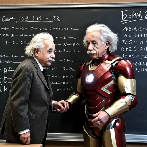 Prompt: Einstein with iron man in front of black board 
Writing equations