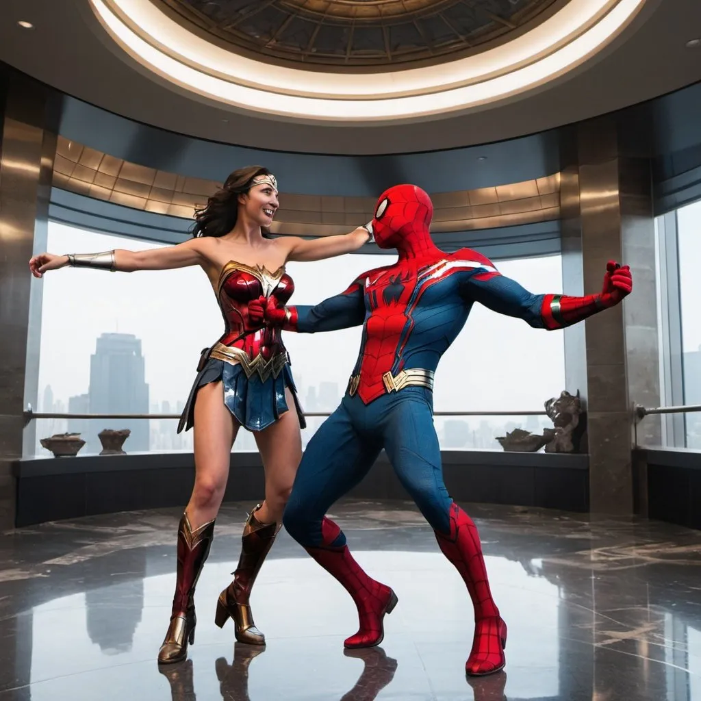 Spiderman with wonder woman dancing in Avengers tower