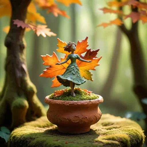 Prompt: A whimsical miniature figure crafted from delicately arranged autumn leaves dancing gracefully on the rim of a weathered, moss-covered terracotta pot, lush vibrant forest background, dappled sunlight filtering through canopy above, intricately cast shadows, enchanting and magical atmosphere, rich earthy tones mingled with vibrant greens and oranges, highly detailed, ultra-realistic, cinematic masterpiece, 4K.