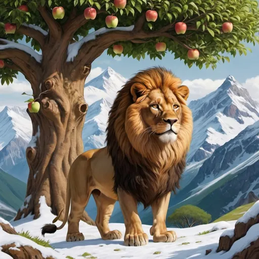 Prompt: draw me a picture with a mountain covered in snow and with a lion on the first plan, with an apple tree next to it, with a fairy on top of this tree, the grass under lion's feet is juicy green 