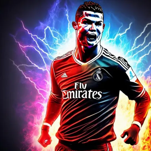 Prompt: Ronaldo with flames as the backgroud and with laser eyes and him smirking