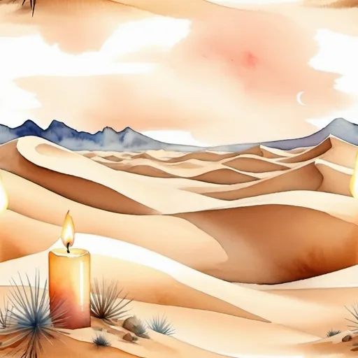 Prompt: desert sand dunes with candles watercolor style


