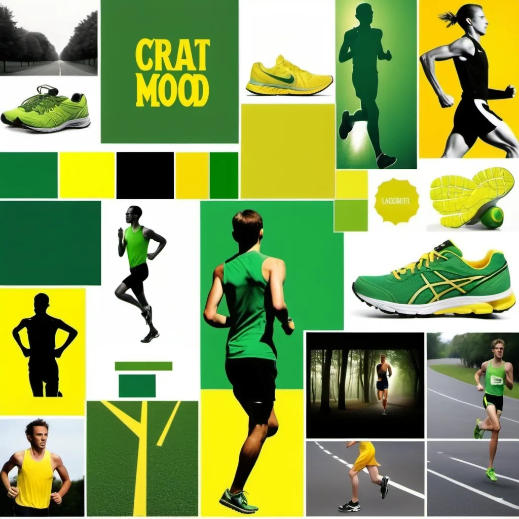 Prompt: Create a mood board about running that includes the colours green and yellow.  it needs to have several fonts as well.  This should be aimed at teenage boys and include smaller images that might not just be about running