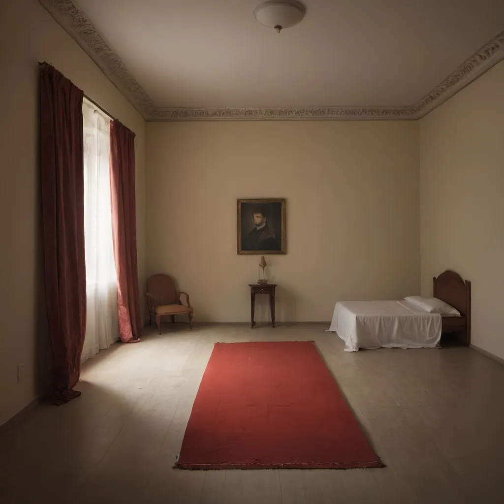 Prompt: An old 12-meter room. In the northern corner of the room, there is a small window on the wall, which is covered with a simple and slightly pleated white silk curtain, and behind it, a rectangular light shines on the floor. There is a 6 meter red carpet on the floor.
On the right wall, there is an iron single bed with white sheets and pillows. And on the right side of the bed there is an old brown wooden wardrobe.
And on the right wall on the wall is a medium height mirror with a brown border.