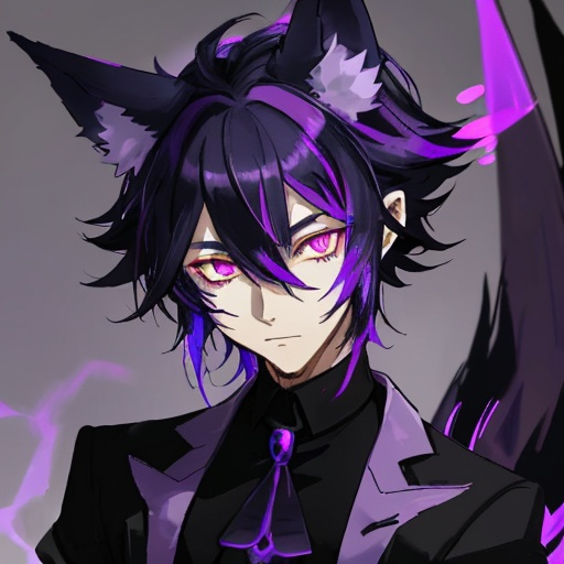 Prompt: Ezra the shadow fox demon is a male demi human with fox like ears and a tail, purple eyes and black primary hair with purple highlights at the tips of his fox ears and tail.