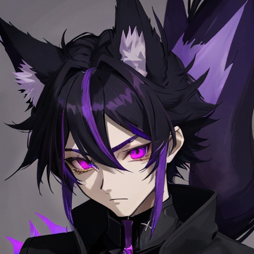 Prompt: Ezra the shadow fox demon is a male demi human with fox like ears and a tail, purple eyes and black primary hair with purple highlights at the tips of his fox ears and tail.