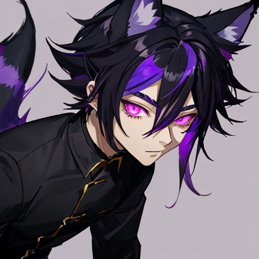 Prompt: Ezra the shadow fox demon is a male demi human with fox like ears and a tail, purple eyes and black primary hair with purple highlights at the tips of his fox ears and tail.