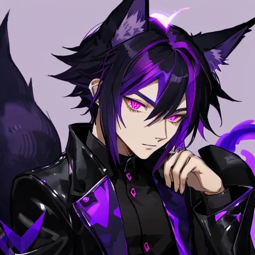 Prompt: Ezra the shadow fox demon is a male demi human with fox like ears and a tail, purple eyes and black primary hair with purple highlights at the tips of his fox ears and tail.