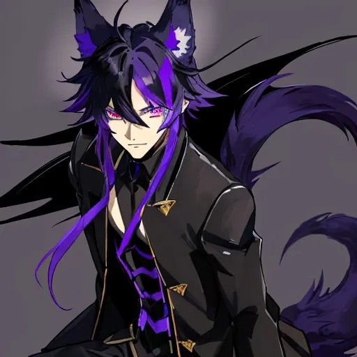 Prompt: Ezra the shadow fox demon is a male demi human with fox like ears and a tail, purple eyes and black primary hair with purple highlights at the tips of his fox ears and tail.