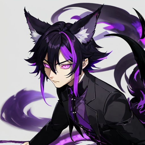 Prompt: Ezra the shadow fox demon is a male demi human with fox like ears and a tail, purple eyes and black primary hair with purple highlights at the tips of his fox ears and tail.