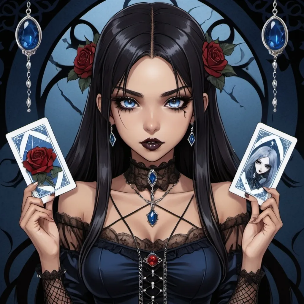 Prompt: tarot card Anime illustration, gothic vampire teenage girl, elegant eyes, tanned skin, brown skin, Long straight black hair, fangs, fishnet stockings, silver jewelry, blue rose