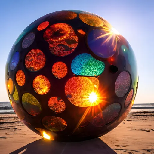 Prompt: giant Colorful translucent steampunk sphere
on the beachwith sun behind it
