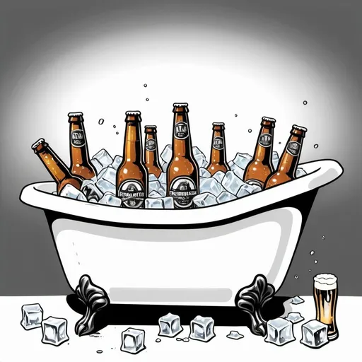 Prompt: a white background black line drawing of a claw foot bathtub with ice and beer bottles in it.  Side view

higher pile of ice cubes and random placing of beer


