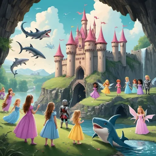 Prompt: A group of princesses, and knights in front of a castle. Fairies in the sky. Magicians and unicorns on the grass. Dragons in front of a cave and one shark swimming in the castle moat.