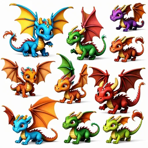 Prompt: group of 9 cute dragons flying, white background