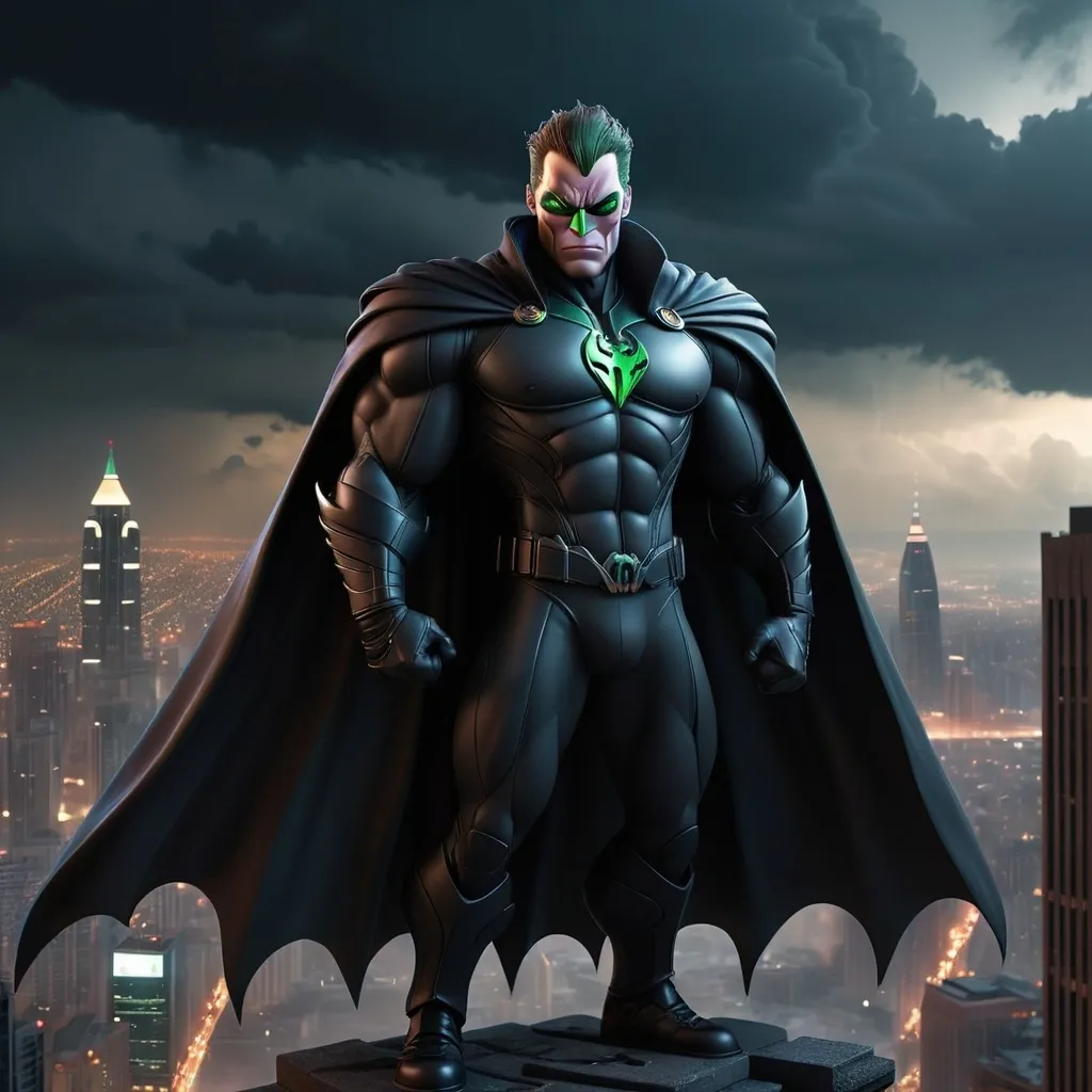 Prompt: (super villain), standing confidently on a towering building, overlooking a sprawling cityscape, ominous clouds swirling above, intense dark tones contrasted by piercing city lights, dramatic shadows casting an air of menace, high detail, 4K resolution, cool and dark ambiance, captivating and unsettling atmosphere, powerful and enigmatic presence.