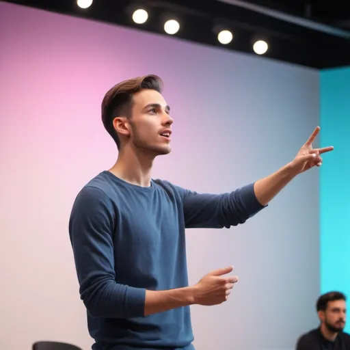 Prompt: um jovem de etnia branco dando uma palestra de desenvolvimento pessoal
