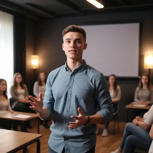 Prompt: um jovem de etnia branca  cabelos acheados palestrando uma palestra  de desenvolvimento pessoal