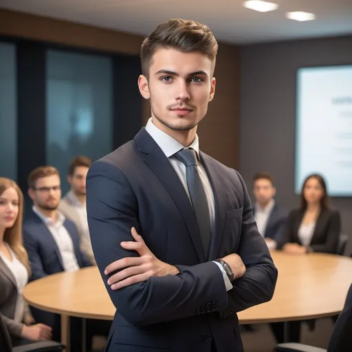 Prompt: um jovem de etnia branca que rabalha com gestao de pessoas dando a sua primeira palestra de desenvolvimento pessoal
